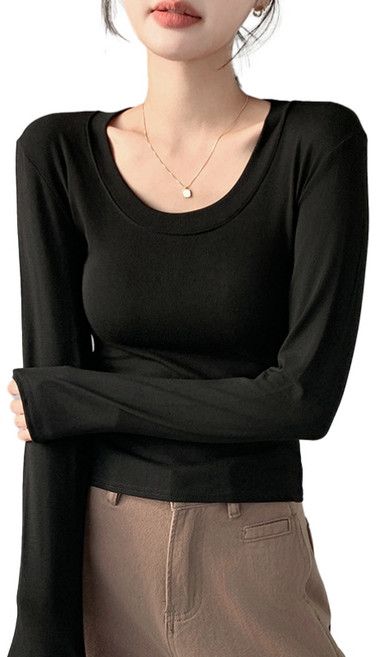 여성 봄가을 슬림핏 라운드넥 긴팔티