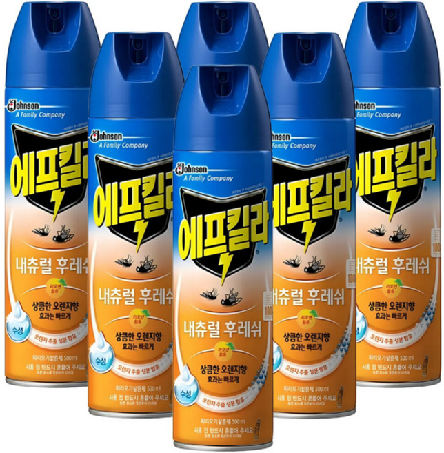 에프킬라 내추럴 후레쉬 오렌지향 모기약 살충제 킬라 모기 파리 벌레 약 퇴치 기피, 6개, 500ml
