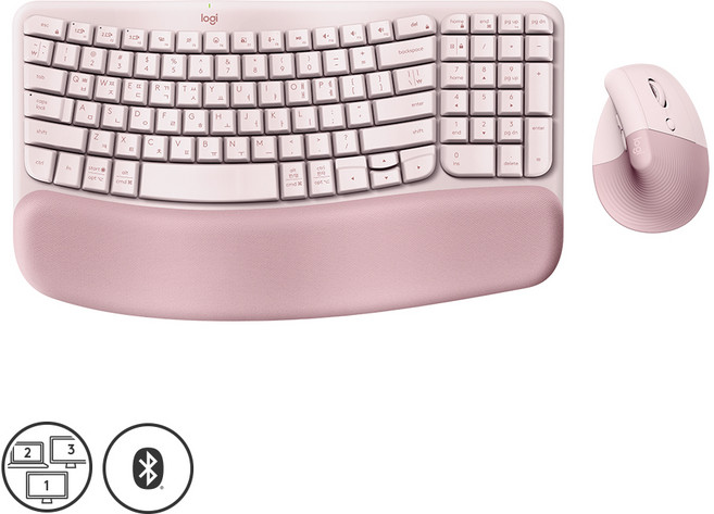 로지텍코리아 WAVE KEYS AND LIFT COMBO 웨이브 키즈 무선 인체공학키보드 리프트 무선 마우스 콤보 세트, 로즈, 로지텍인체공학키보드, 제조사축