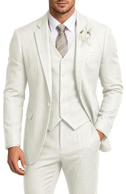Men’s Linen Suit Summer Casual Gray Suit for Men Retro Slim Fit 3 Piece Lightweight Blazer Vest Pa