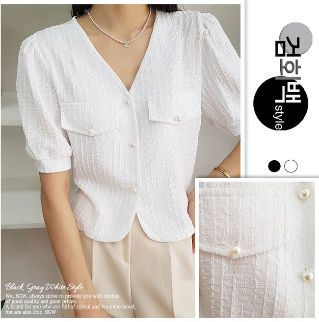 검회백스타일 여성용 3469반팔진주V라인JK 여름 반소매 브이넥 베이직핏 자켓 기본핏 어깨퍼프 페이크양포켓 밑단 노카라 오피스룩 하객룩 봄 간절기 단정한 데이트룩 아우터 가디건