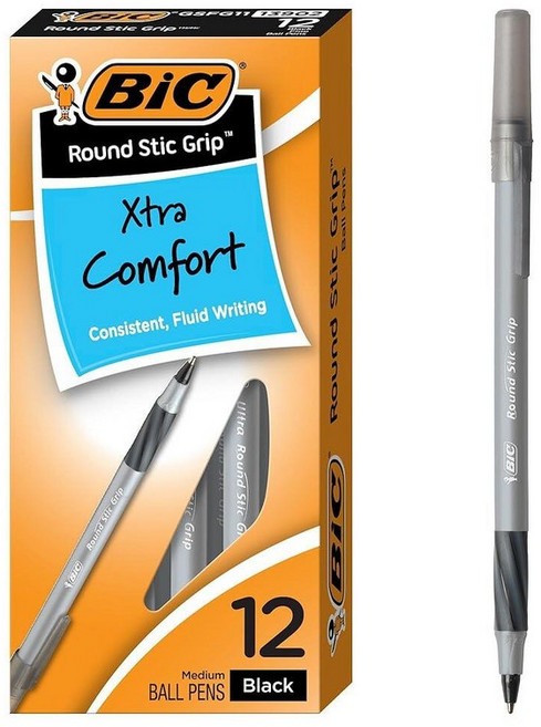 BIC 미국매장정품+ Round Stic Grip 엑스트라 컴포트 레드 볼펜 미디엄 포인트 1.2MM 12개입 팩 탁월한 편안함과 제어력을 위한 부드러운 그립이 있는 필기 펜, Black.
