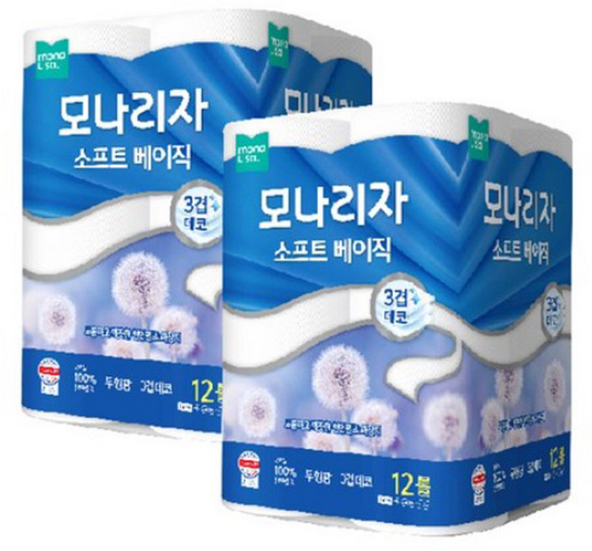 모나리자 소프트 베이직 25m 12롤 3겹데코 천연펄프 화장지 X 2팩, 12개, 2개입