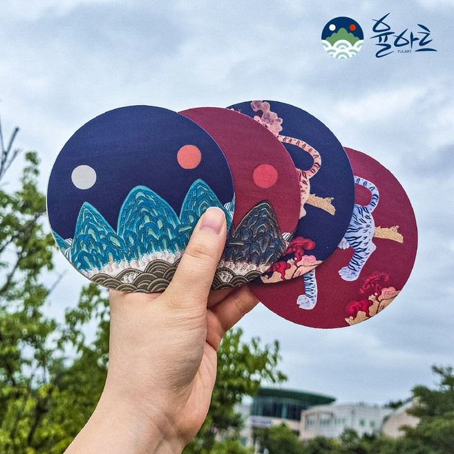 민화컵받침대 호랑이굿즈 티코스터 케데헌호랑이 커피잔받침, 1개, 2. 화조도 세트