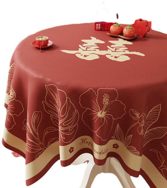 紅色圓形結婚桌布 婚禮餐桌裝飾檯布, 初見終老 絨布, 1個, 110x110CM 防濺水
