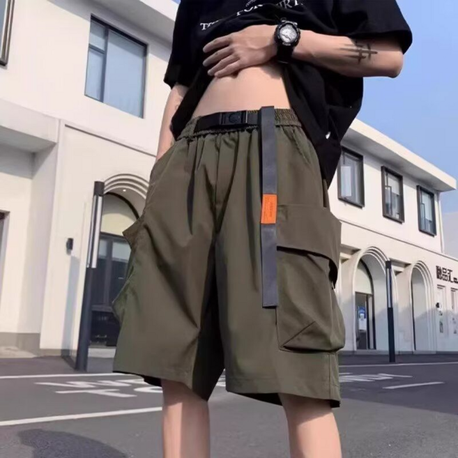 COSYEVNO 남성 여름 스트릿 캐주얼 와이드 포켓 벨트 반바지 LFHgzk-8
