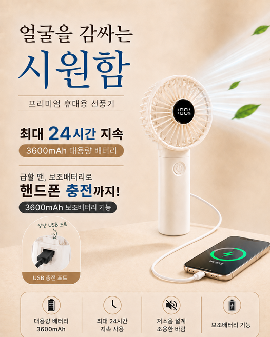 프롬래빗 6단 대용량 휴대용 선풍기 보조배터리 겸용, 화이트
