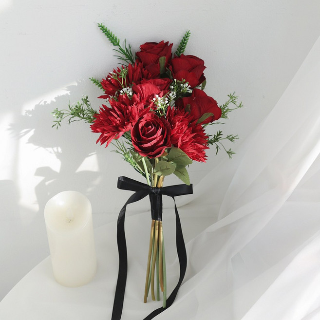 엘블랑꼬 장미 거베라 부케 실크 플라워 웨딩 촬영 브라이덜샤워 조화 꽃다발, 1개