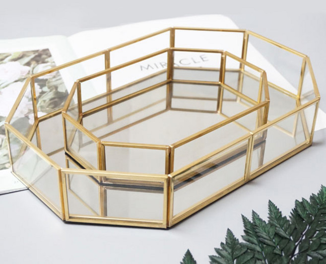 풀커버링 골드미러 팔각 트레이 화장품 정리대 보관함 정리함 인테리어 촬영 소품 향수 진열대 3종(소형), 골드