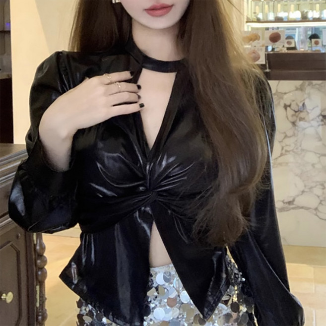 ROYALBELLE 여성 브이넥 광택 긴팔 섹시 유니크 크로스 슬림핏 세련된 스타일리시 티셔츠 K020709