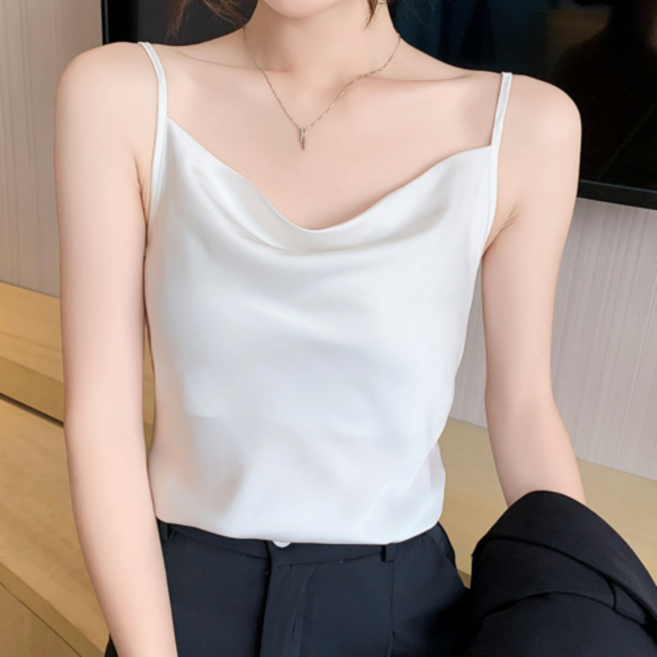 여성 드레이프 카울넥 새틴 슬리브리스 나시