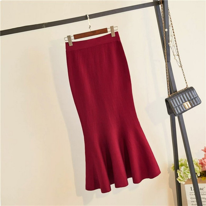 PEROLA 여성 프릴 머메이드 니트 스커트 슬림핏 가을 겨울 허리밴딩 스커트