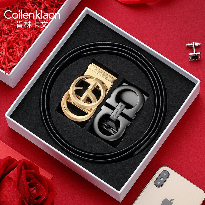 Coilenklaon 男士皮帶 雙扣腰帶 頭層牛皮褲腰帶 自動扣腰帶 男褲帶 皮帶 送男士禮物【奧特萊斯】