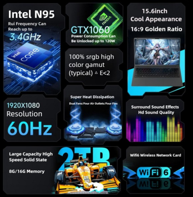 15.6인치 인텔 N95 GTX1060 게이밍 노트북 휴대용 컴퓨터 PC 32GB DDR4 1TB SSD 윈도우 11 백라이트 키보드, 01 Intel N95  gtx1060, 01 빠른, 01 8GB DDR4  256GB SSD