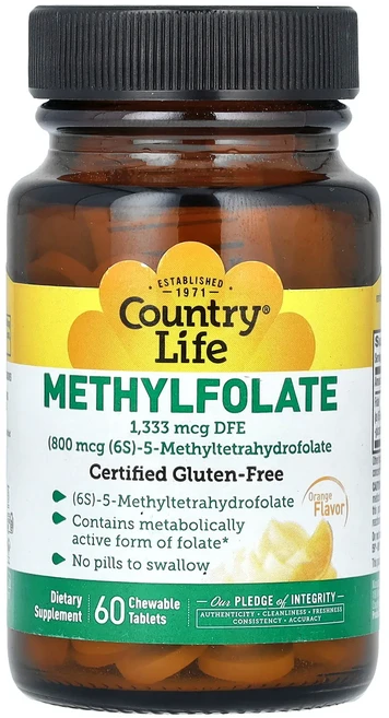 Country Life 메틸엽산 오렌지 맛 1333mcg DFE 츄어블 정제 60정, CountryLife메틸엽산오렌지맛1333mcgDFE츄 - 쿠팡