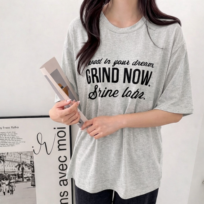 더한땀 여성 그라인드 레터링 오버핏 반팔 티셔츠