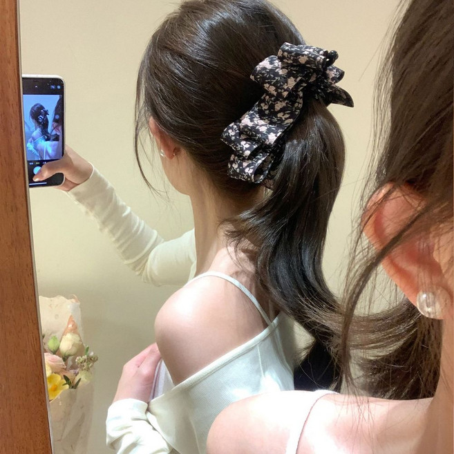 빈티지 잔꽃 플라워 리본 바나나 집게핀 포니테일 헤어 클립