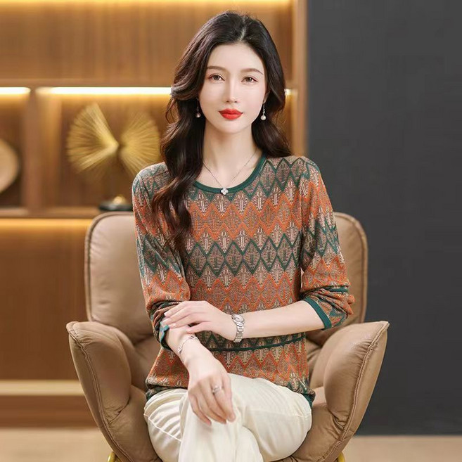 COSYEVNO 여성 스트라이프 니트 가을 라운드 패션 루즈핏 퀼팅 배색 긴팔 상의 lyjcxtx-06