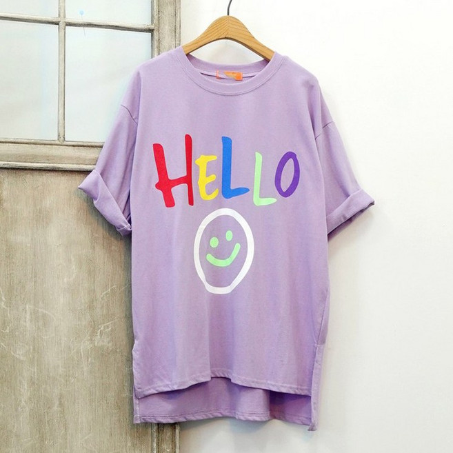 이힝 헬로스마일 프린팅 언발 루즈핏 반팔 롱 티셔츠