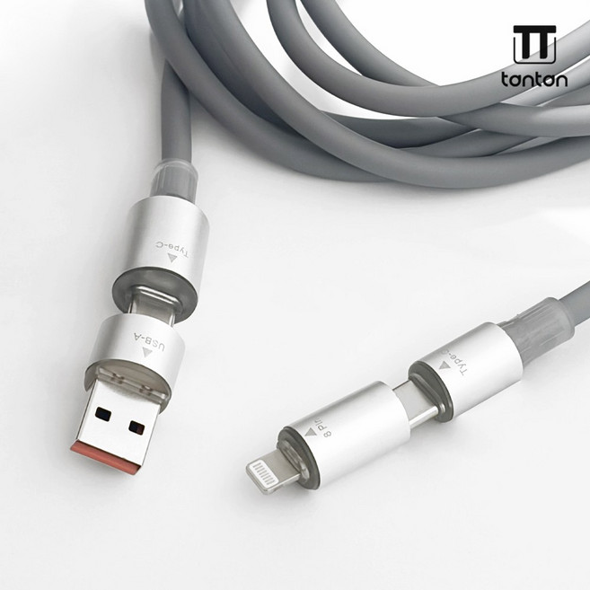 탄탄 4in1 60W 실리콘 초고속 케이블 CtoC C타입 8핀 usb 아이폰 갤럭시 멀티 데이터 충전 케이블, 1개, 얼티밋 그레이, 2m