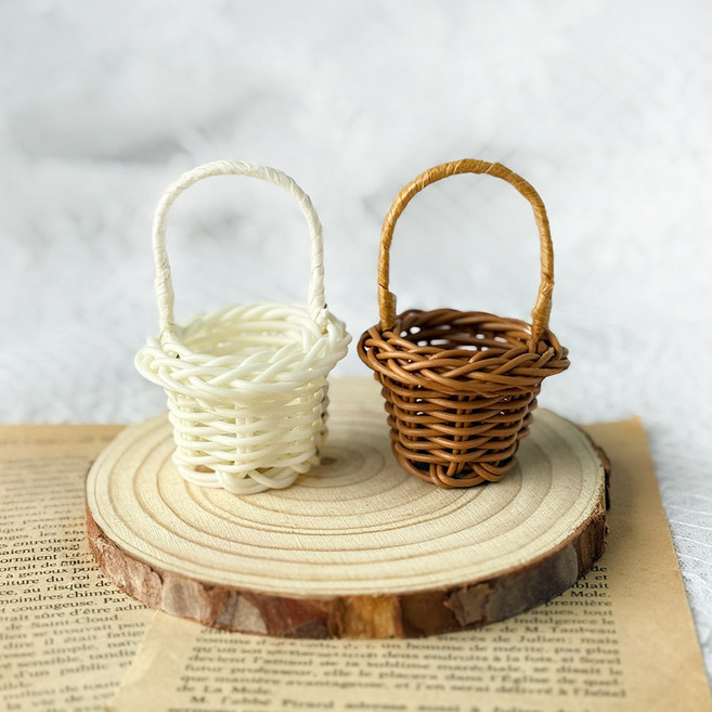 한소픈 미니 바구니 모형 10P 라탄 미니어처 수납 손잡이 바스켓 장식, 브라운 미니 바구니 10P