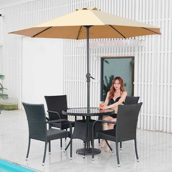 카페 야외 4인용 라탄 파라솔 테이블 의자 세트 빈티지 북유럽 원형 펜션 테라스 튼튼한, 4인용 라탄 파라솔 테이블 세트 그린