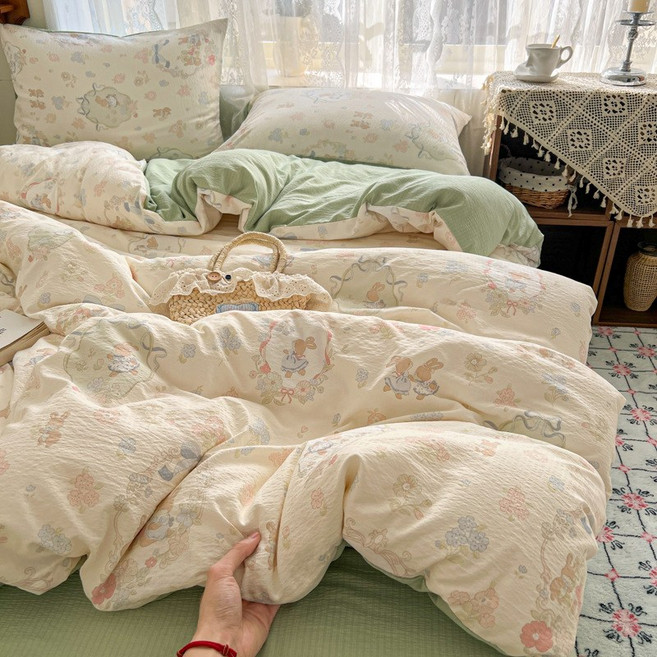 2026년 신제품 이중 거즈 4종 세트 프린트 디자인의 인스타 스타일 침대 시트 침대 커버 이불 커버 세탁기 사용 가능