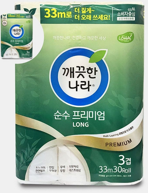 화장실화장지 깨끗한나라 롱 순수 33미터 30 롤 화장지, LONG 33m 30롤, 33m, 1