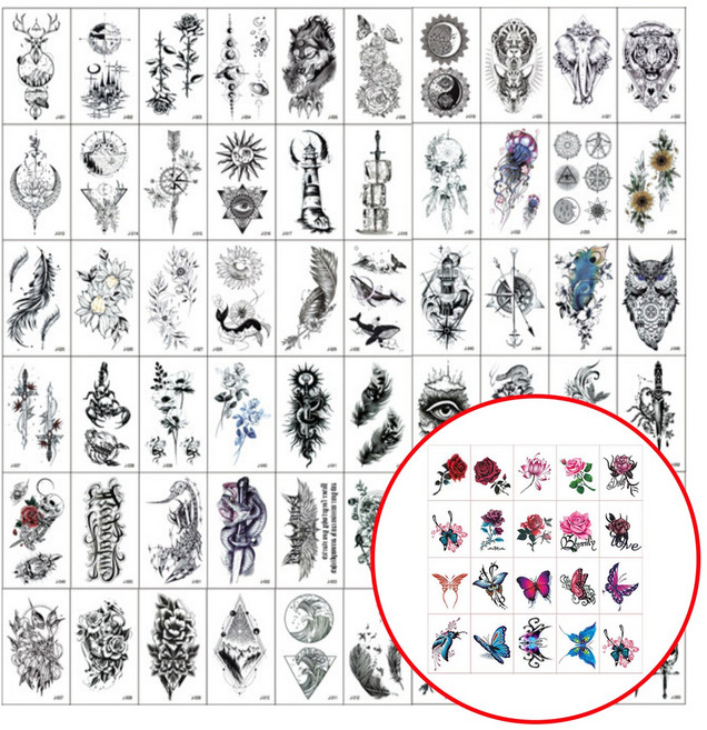 팀메이커 타투 스티커 60종+20종 반영구 문신 판박이 헤나 리얼 3D, 혼합색상, 1세트