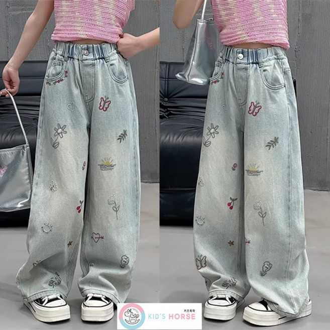 키즈목마 여아 초등생 플라워 나비 자수 포인트 밴딩 청바지 주니어 연청 와이드 데님팬츠 923