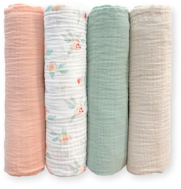 SwaddleDesigns 면 모슬린 포대기 담요 4개 세트 남아 및 여아용 속싸개 최고의 샤워 선물 116.8 x 116.8cm(46 46인치) 핑크 플로럴, Watercolor Peachy Pink Floral