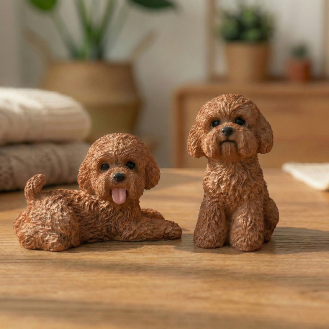 푸들 비숑 2종 피규어 엎드린 앉아있는 강아지, 갈색세트