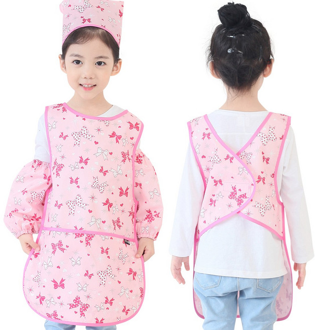 아동용 방수 앞치마두건토시세트, 핑크리본