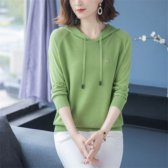 TKX 여성용 봄가을 후드 니트 스웨터 캐주얼 무지 베이직 핏 간단한 디자인 엄마옷