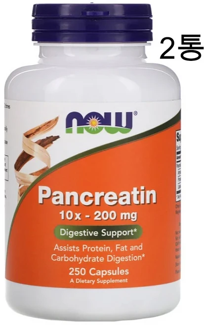 나우푸드 판크레아틴 200mg + 아밀라아제 프로테아제 리파아제 소화효소 250캡슐x2통, 2통, 250정 - 쿠팡