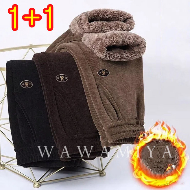 1+1 겨울 기모 따뜻한 방한바지 중녕여성 엄마바지 여성바지 여성코듀로이팬츠 골덴바지 기모바지 WAWAMIYA