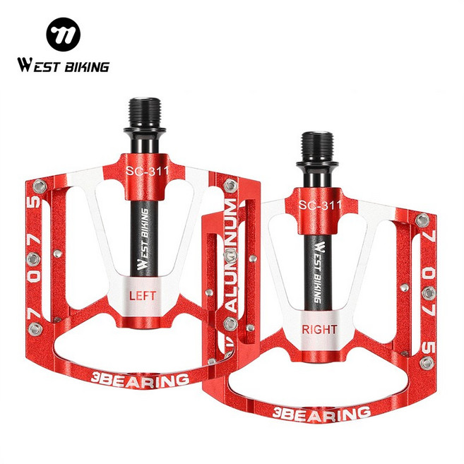 WEST BIKING 3베어링 알루미늄 합금 자전거 페달 미끄럼 방지 초경량 MTB 로드자전거 클릿 평페달 회전 유연, 레드, 1개