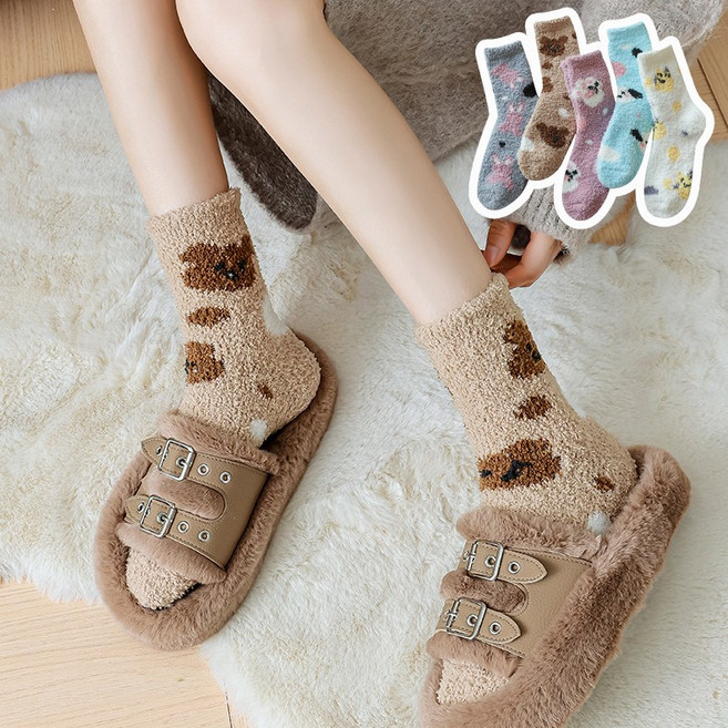 여성 겨울양말 수면양말 타올 보온성 임산부 토끼발 중목양말 5켤레세트