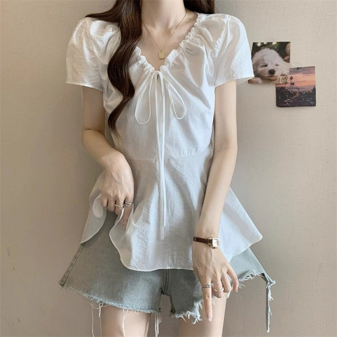MIREA 여성 반팔 브이넥 셔링 블라우스 스트링 페플럼 여름 CTX32