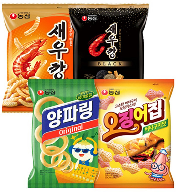 농심 과자 8봉(새우깡2+블랙2+양파링2+오징어집2)무배, 1세트, 640g