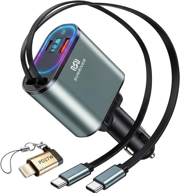 SUNRIVER 차량용 초고속 충전기 240W 3세대 4in1 C타입 2개 애플 변환 잰더 포함 PD USB 4대 동시 충전, 240W/앰레인보우 램프+C타입to애플 변환 젠더, S8