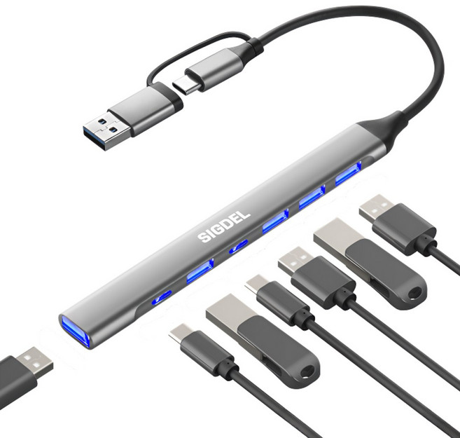 시그델 슬림형 7in1 USB 3.0 C타입 겸용 멀티 허브 7포트 USB*5 C타입*2 젠더 C to USB 노트북 컴퓨터 확장 포트 UH-06, 메탈실버