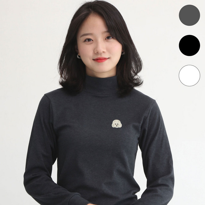 멋지군 순면 스판 터들넥 푸들자수 목폴라 긴팔 티셔츠