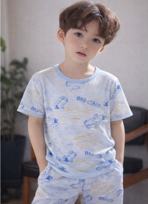 행복한쇼핑몰 남아용 무형광 린넨 쿨드라이 블루 자동차 상하의 반팔 세트