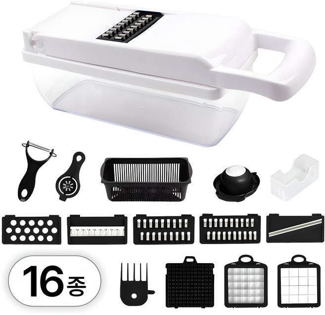 투데이리빙 16종 풀세트 다기능 깍뚝썰기 + 채썰기 + 슬라이서 채칼 감자 만능 슬라이스 오이 당근 양파 야채 무채 썰기 마늘 다지기 강판 노른자 분리기, 1세트, R98222B(화이트+블랙