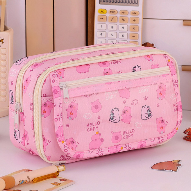 귀여운 카피바라 판다 팬더 동물 캐릭터 지퍼 대용량 필통 연필 펜 케이스 문구 수납 만능 파우치 신학기 새학기 선물, 1개, 핑크카피 WPS437
