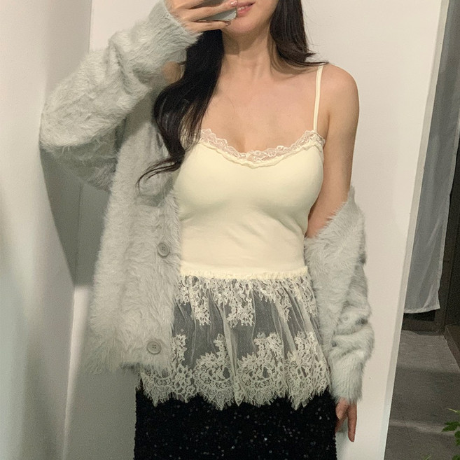 캡내장 레이어드 밑단 레이스 프릴 롱 나시 3컬러