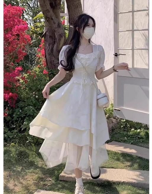 중세 공주풍 화이트 코르셋 언밸런스 캉캉 브라이덜샤워 드레스