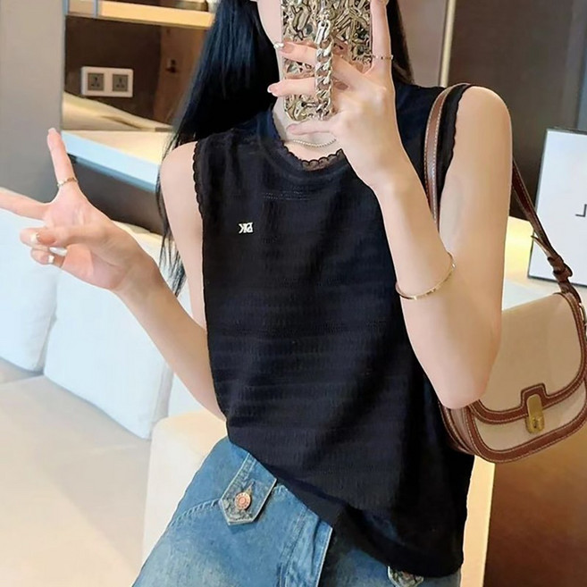 ROYALBELLE 여성 라운드넥 스트라이프 펀칭 시스루 루즈핏 레이어드 니트 나시 B06013118