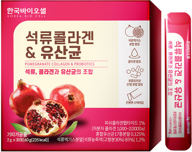 한국바이오셀 석류콜라겐 유산균 1세트(2g x 30포) 1개월분, 60g, 1개
